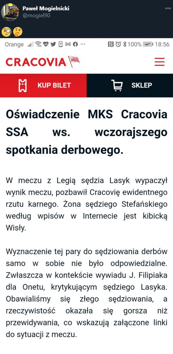 KURIOZALNE oświadczenie Cracovii po meczu derbowym!